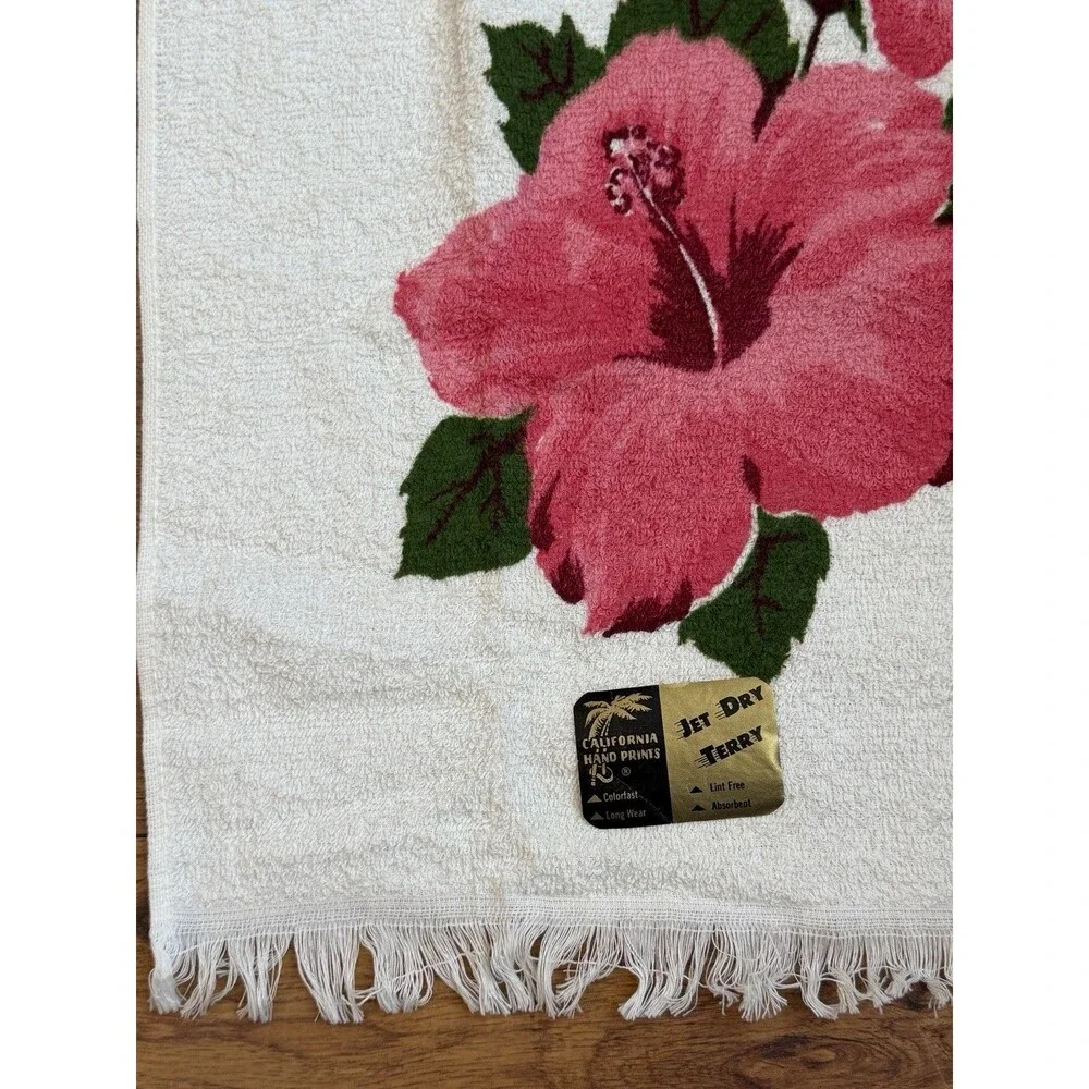 Vintage California Hand Prints Jet Dry Terry Hand Towel NEW Pink Hibiscus